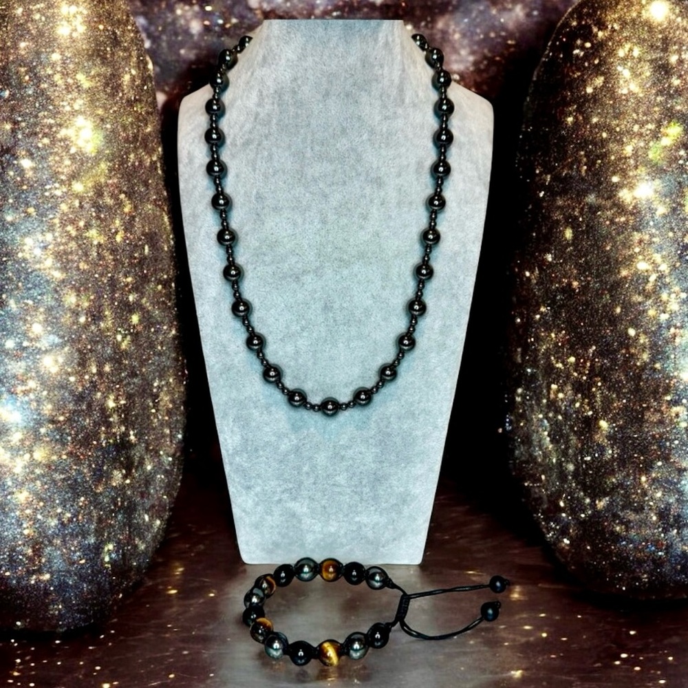 Hematite beaded necklace 20”, Hematite, Onyx, Tigers Eye bracelet adjustable